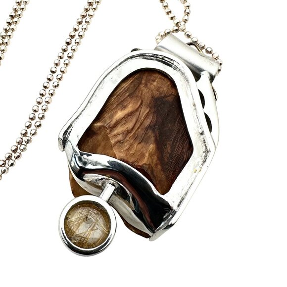 Vintage Artisan 18K Gold Sterling Silver Carved Pendant Quartz Ruby Gemstones - Picture 4 of 4